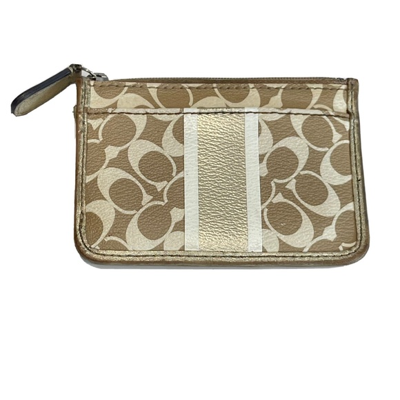 Coach Signature Logo Stripe Coin Purse Pouch Key Chain Change Gold Tan Wallet - - Picture 1 of 14